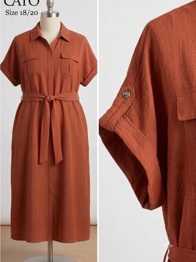 Cato Rust Button-Front Tie-Waist Midi Dress